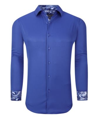 Мужская однотонная приталенная рубашка-стрейч без морщин синего цвета