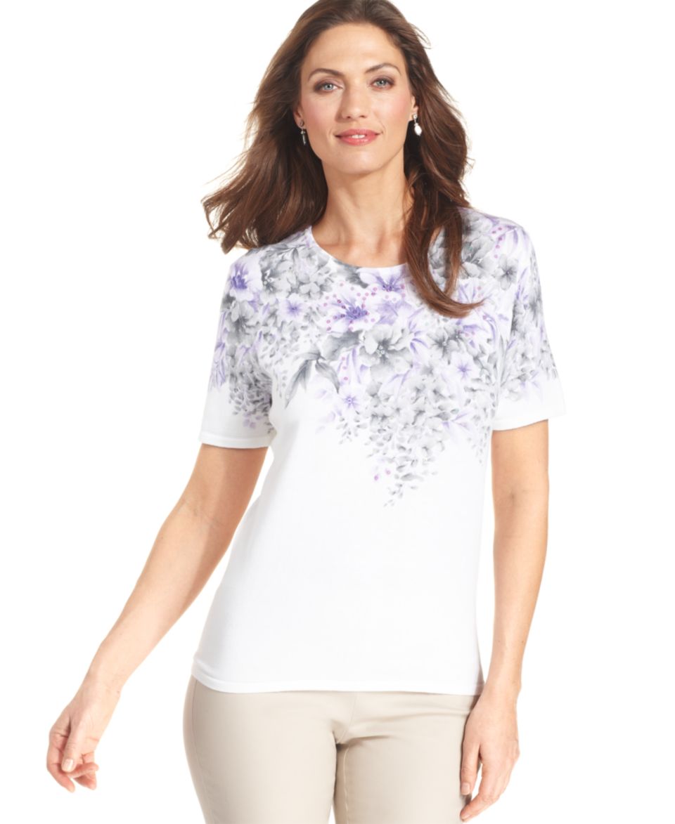 Alfred Dunner Short Sleeve Floral Print Studded Top