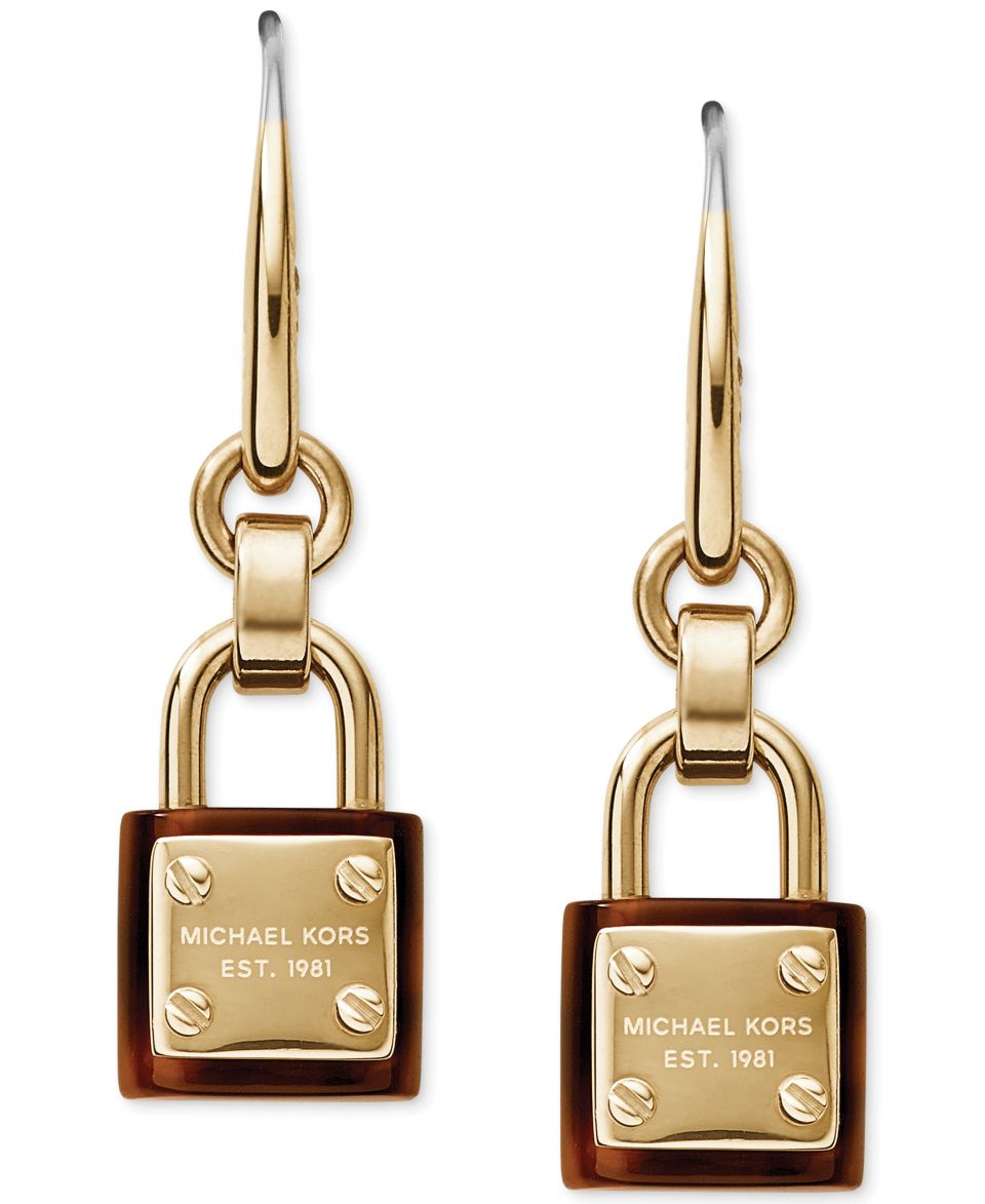 Michael Kors Gold Tone Tortoise Accent Logo Padlock Earrings