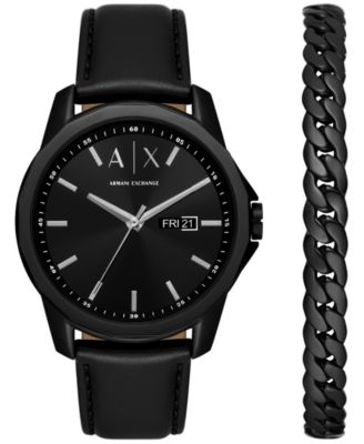 Мужские кварцевые часы A|X Armani Exchange из черной кожи с тремя стрелками и датой дня рождения диаметром 44 мм и черным браслетом из нержавеющей стали