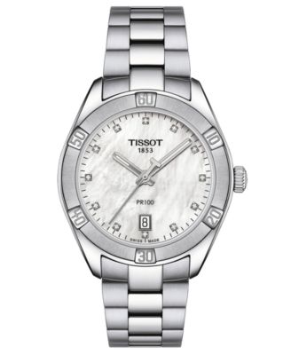 Женские швейцарские часы Tissot с бриллиантами в стиле спорт-шик PR 100 (1/20 карата), браслет из нержавеющей стали, 36 мм