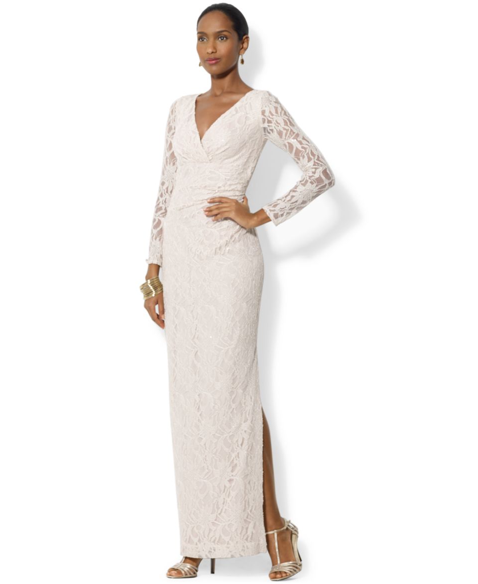 Lauren Ralph Lauren Faux Wrap Sequined Lace Gown   Dresses   Women