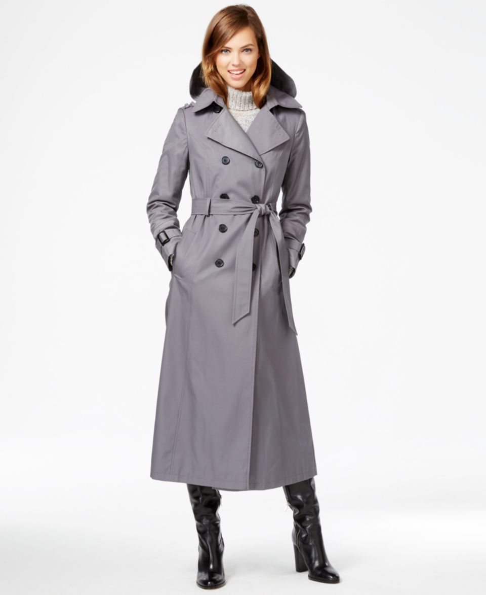 DKNY Hooded Double Breasted Maxi Trench Coat