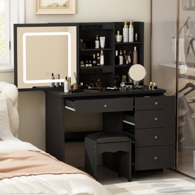 Наборы туалетных столиков FAMAPY с 5 выдвижными ящиками из черного дерева, светодиодными зеркалами для макияжа, туалетными столиками с табуреткой и 3-ярусными полками для хранения