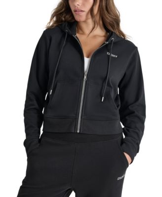 Женская флисовая толстовка с капюшоном на молнии и заклепками с логотипом DKNY Sport, черная