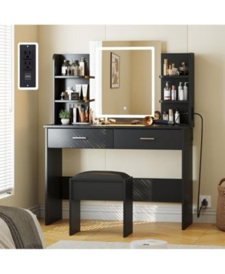 туалетный столик gaomon с зеркалом и подсветкой, 6 полок, 2 выдвижных ящика, Табурет, Электрическая розетка, Регулируемая яркость