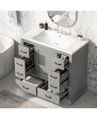Туалетный столик Streamdale Furniture 36" с комбинированной раковиной, шестью выдвижными ящиками, многофункциональной перегородкой для выдвижных ящиков, регулируемой полкой серого цвета