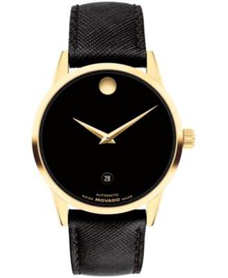 Классические швейцарские часы из черной кожи с автоподзаводом Movado Men's Museum, 40 мм