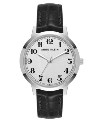 Женские повседневные кварцевые часы Anne Klein из черной полиуретановой кожи и серебристого металлического сплава Boyfriend Watch, 34 мм