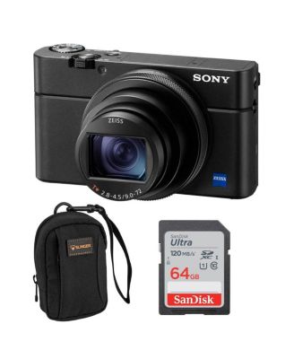 Компактная фотокамера Sony RX100 VII Премиум-класса с КМОП-сенсором типа 1.0 (DSCRX100M7), в комплекте с картой памяти на 64 ГБ, сумка для фотокамеры черного цвета