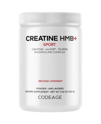 Codeage Creatine HMB+ Powder - Моногидрат креатина, таурин, добавка myHMB, витамин D3 - Спортивная добавка для поддержки - Без вкуса - 11,32 унции, без цвета