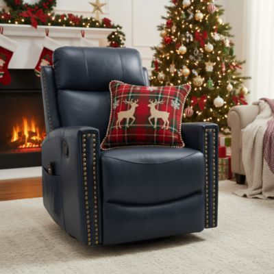 Кресло с ручным термомассажером из натуральной кожи с откидывающейся спинкой и поворотным механизмом синего цвета