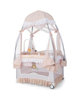 Costway Детский столик-манеж для девочек, детская кроватка, люлька-трансформер, Москитная сетка, Игрушки с сумкой, Розовый