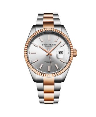 Мужские кварцевые часы Stuhrling Vanguard 4069, 42 мм, Серебристый циферблат, Безель из розового золота, двухцветный браслет, Дата, Водонепроницаемость 100 м