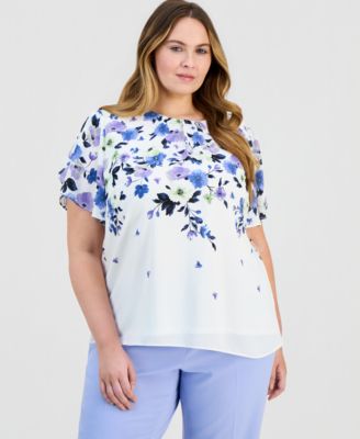 Блузка Kasper Plus Size с цветочным принтом и рукавами-тюльпанами, белая