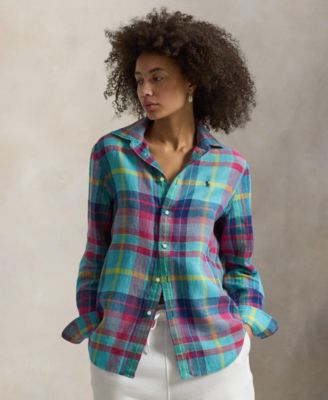 Женская рубашка Polo Ralph Lauren классического покроя в клетку с остроконечным воротником синего цвета