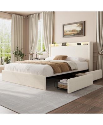 Каркас кровати gaomon Queen-Size из букле с изголовьем для хранения вещей, зарядной станцией, светодиодной подсветкой, 4 выдвижными ящиками, пружинный блок не требуется.