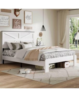 Каркас кровати на платформе из белого дерева Streamdale Furniture Queen, изголовье, место для хранения под кроватью белого цвета