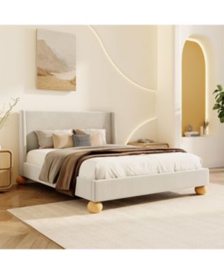 Современная кровать-платформа Streamdale Furniture, обитая бархатом, с откидывающимся изголовьем и круглыми деревянными ножками, кремового цвета, коричнево-бежевого размера King Size