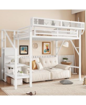 Двухспальная металлическая кровать-чердак Streamdale Furniture с лестницей, полками и шкафом
