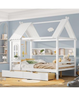 Кровати Streamdale Furniture Full House с ящиками для хранения вещей и окном, каркас кровати House Platform из массива дерева, белый