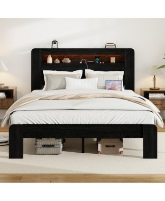 Деревянная двуспальная кровать Streamdale Furniture с ящиком для хранения, светодиодным изголовьем, USB