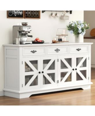 Кухонный шкаф-буфет GAOMON white 63" со стеклянной витриной, 3 выдвижными ящиками, зарядной станцией и сетчатыми амбарными дверцами. белый