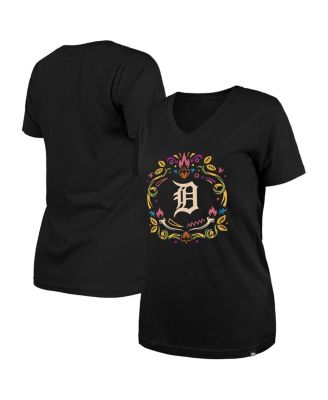 Женская черная футболка New Era Detroit Tigers Dia De Los Muertos с V-образным вырезом черного цвета