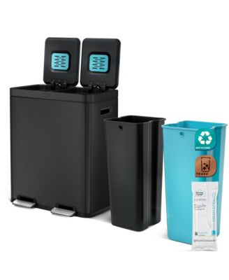 Кухонная корзина для мусора и вторичной переработки Home Zone Living объемом 16 галлонов из нержавеющей стали с системой контроля запаха Clean Aura и мягкими закрывающимися крышками.