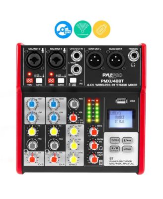 Pyle 4-канальный. Студийный диджейский микшерный пульт Bluetooth с интерфейсом USB и ЖК-дисплеем (PMXU48BT), цветной