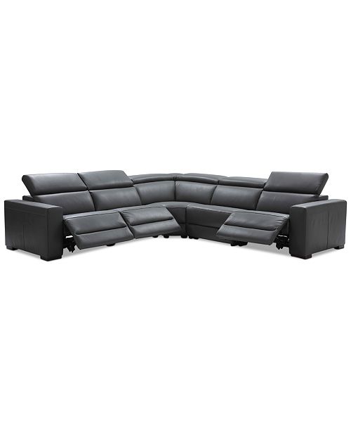 Furniture Nevio 5 Pc Leather L Shaped Sectional Sofa With 3 Power Recliners And Articulating Headrests Created For Macy S Reviews Furniture Macy S
