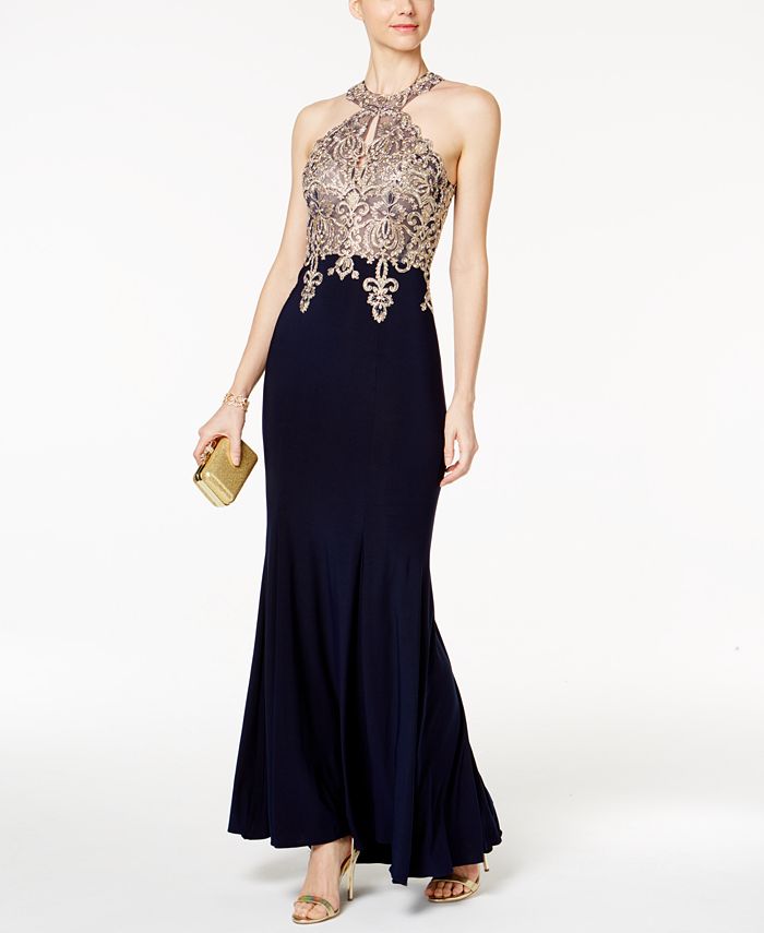 xscape embroidered sleeveless ballgown