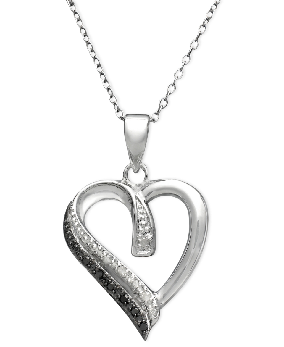 Heart Necklace, Sterling Silver Black and White Diamond Heart Pendant