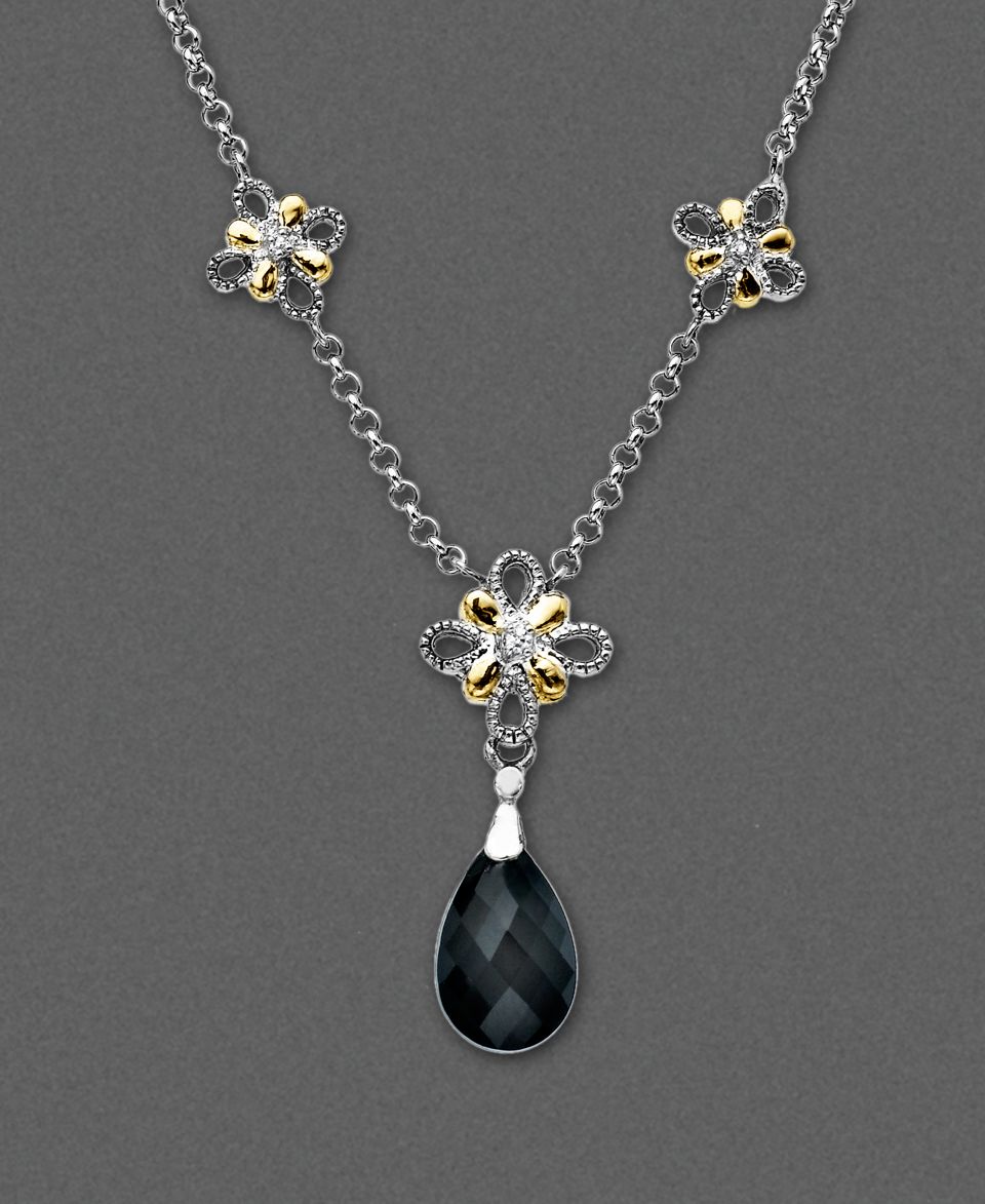 14k Gold and Sterling Silver Necklace, Onyx Teardrop and Diamond