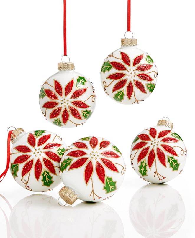 Holiday Lane Set of 5 Glass Poinsettia Ball Ornaments, Created for Macy