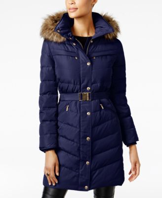 michael kors faux fur hooded belted down puffer coat