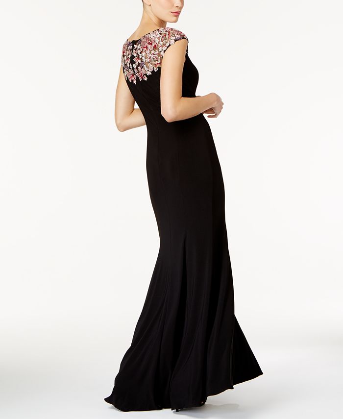 xscape embroidered illusion gown
