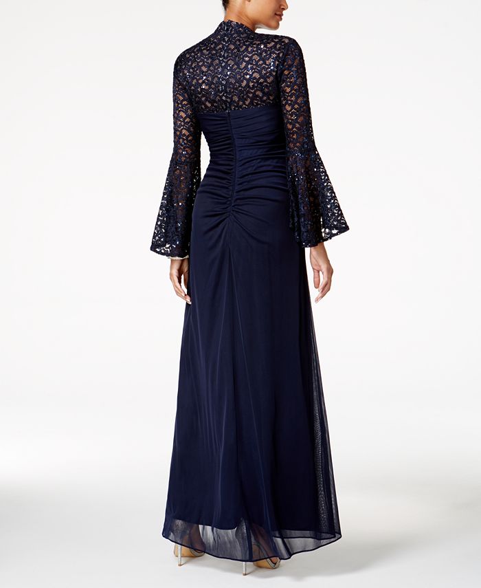 xscape lace sleeve chiffon gown