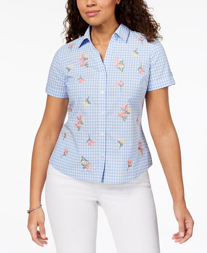 Karen Scott Petite Cotton Embroidered Gingham Button-Front Shirt, Created  for Macy's & Reviews - Tops - Petites - Macy's