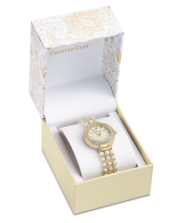 Charter Club Women&#39;s Crystal Gold-Tone Imitation Pearl Bracelet Watch 28mm, Created for Macy&#39;s ...
