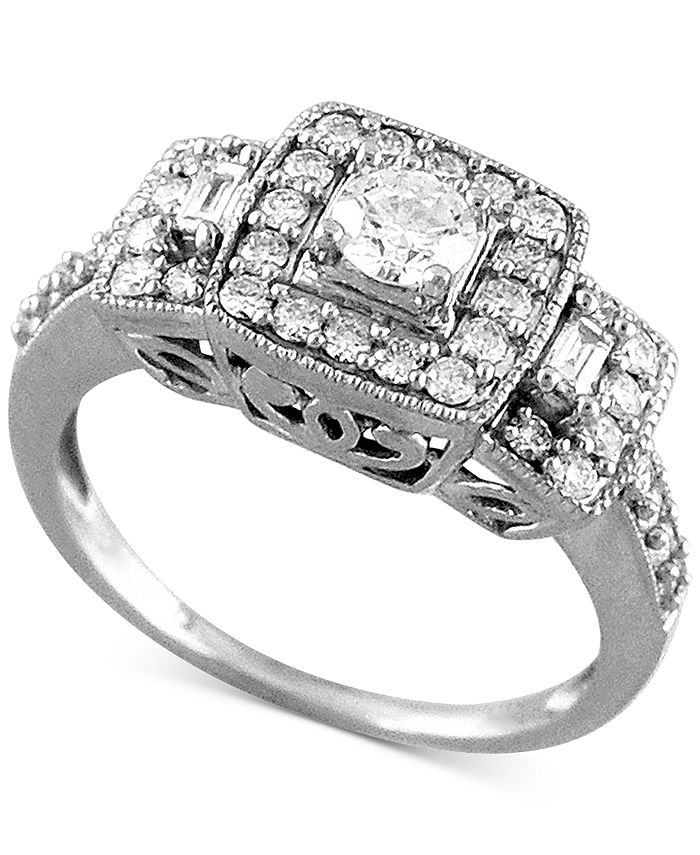 Macy's Diamond Halo ThreeStone Engagement Ring (3/4 ct. t.w.) in 14k