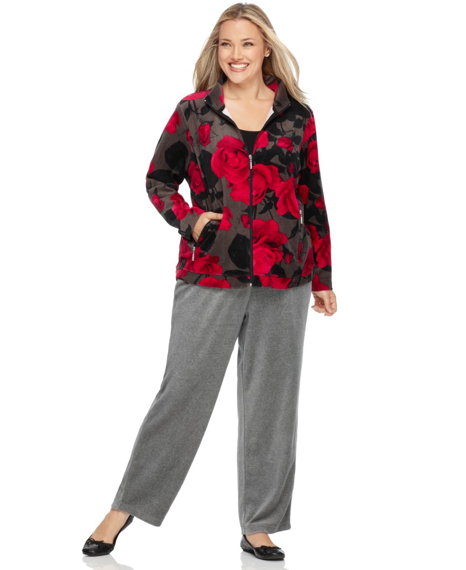 On Que Plus Size Printed Velour Zip Front Jacket & Active Pants