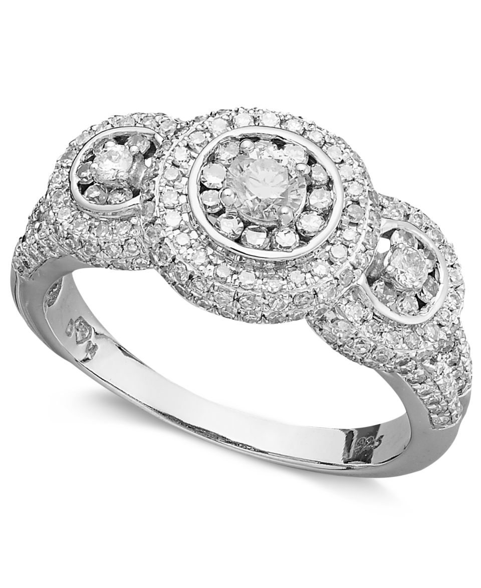 Diamond Ring, Sterling Silver Diamond Three Stone Cluster Ring (1 ct