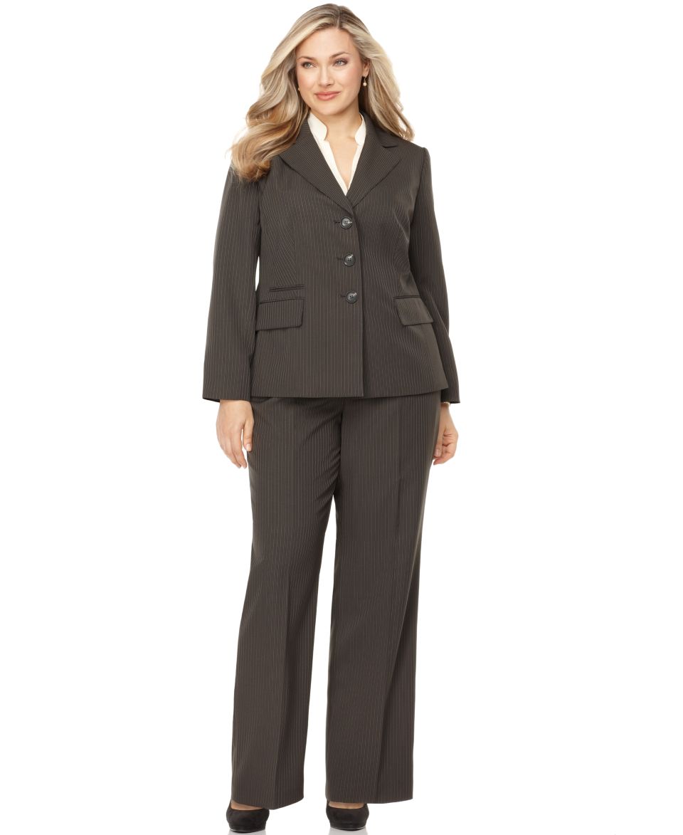 Evan Picone Plus Size Suit, Long Sleeve Pinstriped Jacket & Pants   Suits & Separates   Plus Sizes
