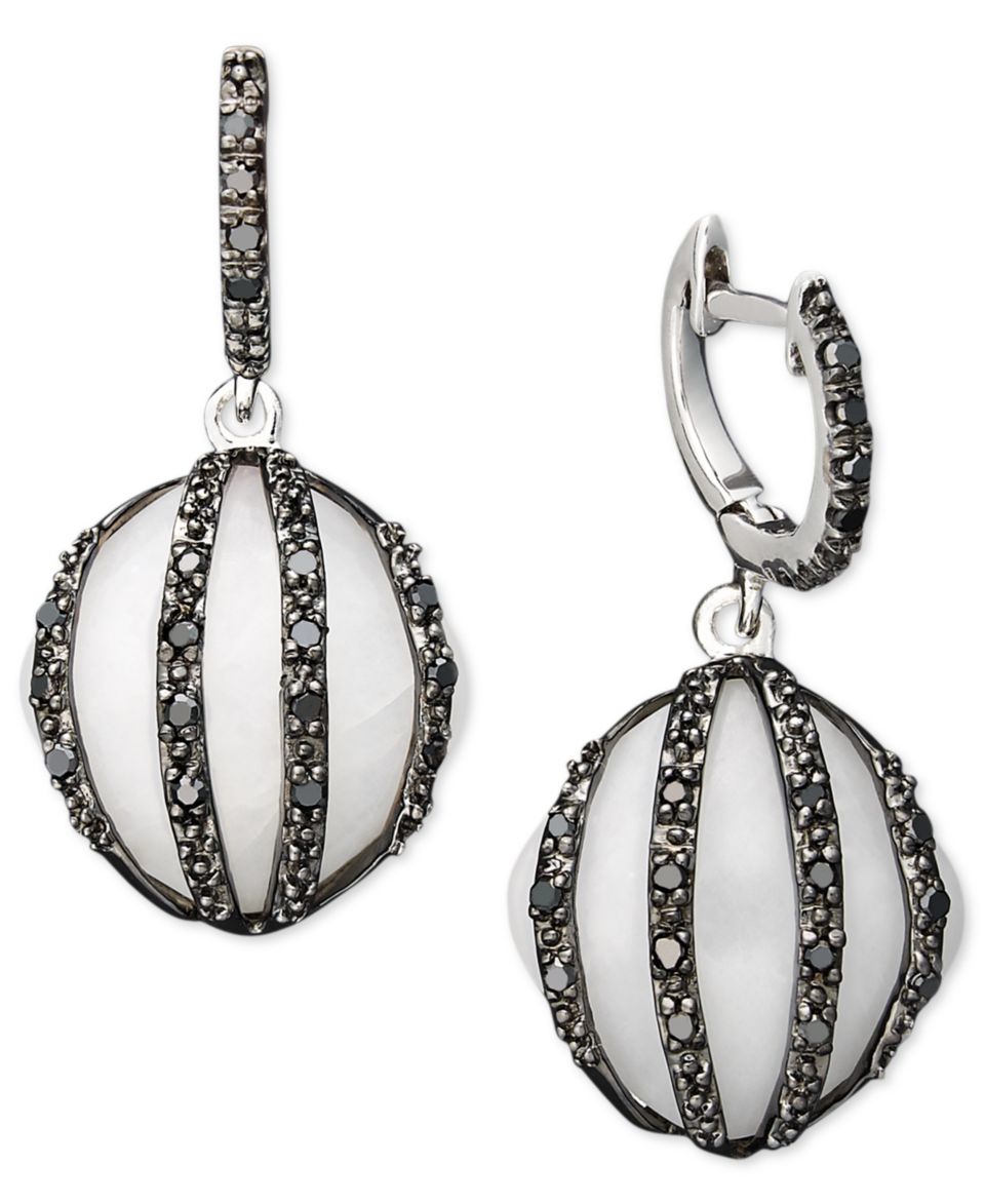 Sterling Silver Earrings, White Agate (20mm) and Black Diamond (1/5 ct