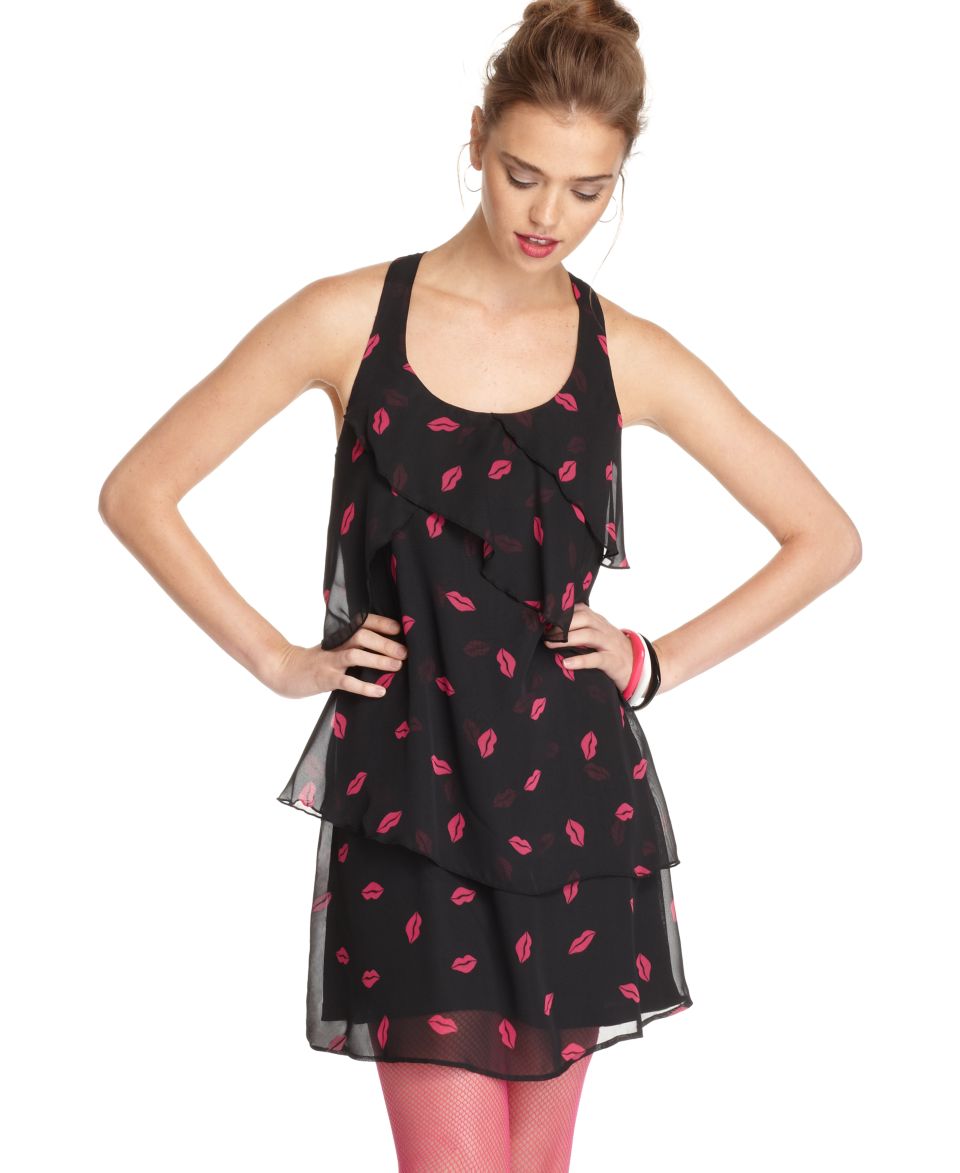 Degrees Juniors Dress, Sleeveless Scoopneck Sheer Ruffled Kiss Print