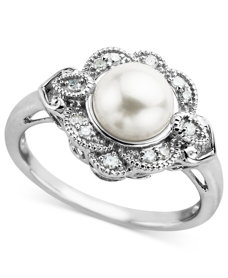 Sterling Silver Ring, Cultured Freshwater Pearl and Diamond Sunburst