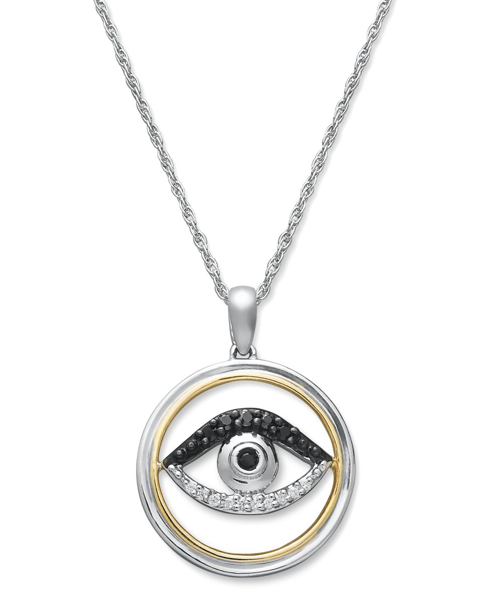 14k Gold and Sterling Silver Necklace, White and Black Diamond Evil Eye Pendant (1/10 ct. t.w.)   Necklaces   Jewelry & Watches
