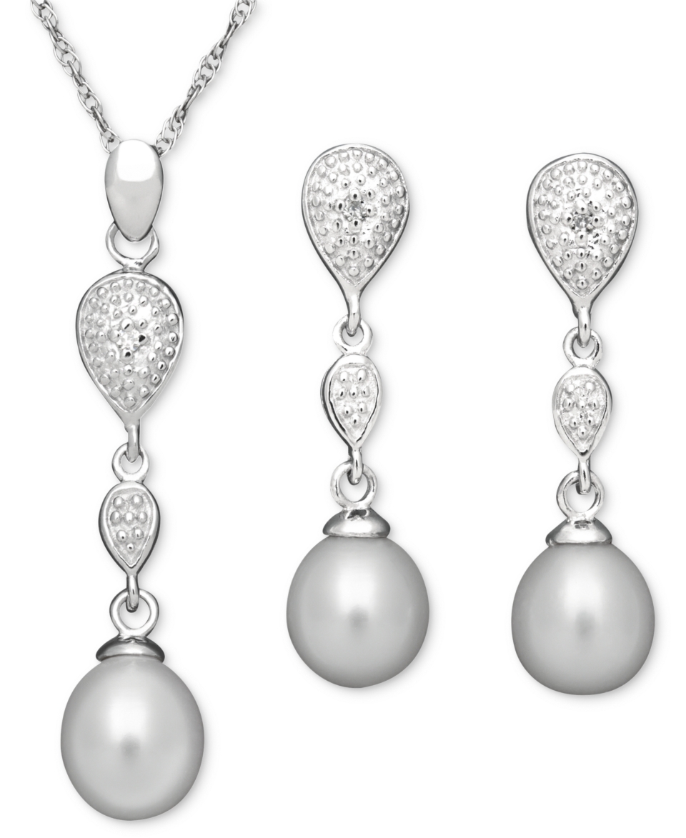 Sterling Silver Jewelry Set, Cultured Freshwater Pearl and Diamond