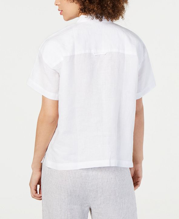 Eileen Fisher Button-Down Short-Sleeve Organic Linen Top ...